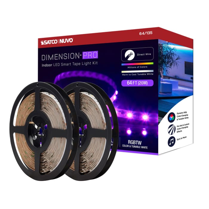 Satco 64-135 Dimension Pro Tape Light strip 64 ft. Hi-Output RGB plus Tunable White J-Box connection Starfish IOT Capable IR Remote Included White Finish
