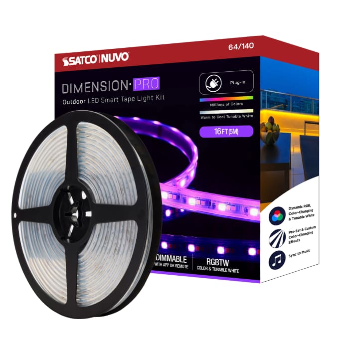 Satco 64-140 Dimension Pro Tape Light strip 16 ft. Hi-Output RGB plus Tunable White Plug connection IP65 Starfish IOT Capable RF Remote Included White Finish