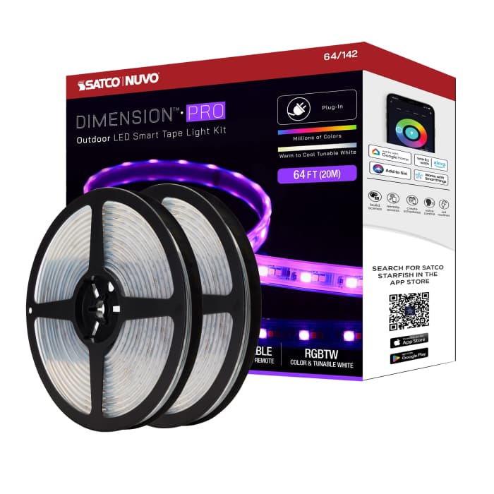 Satco 64-142 Dimension Pro Tape Light strip 64 ft. Hi-Output RGB plus Tunable White Plug connection IP65 Starfish IOT Capable RF Remote Included White Finish