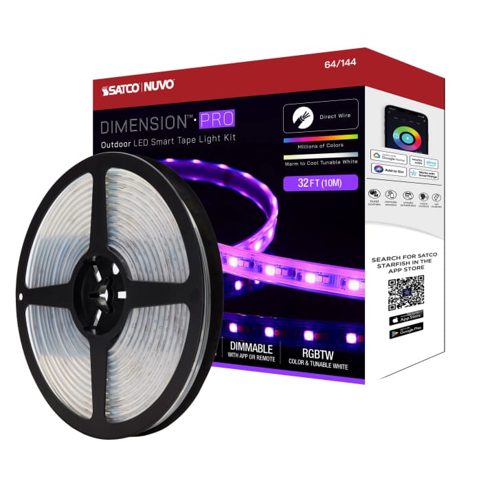 Satco 64-144 Dimension Pro Tape Light strip 32 ft. Hi-Output RGB plus Tunable White J-Box connection IP65 Starfish IOT Capable RF Remote Included White Finish