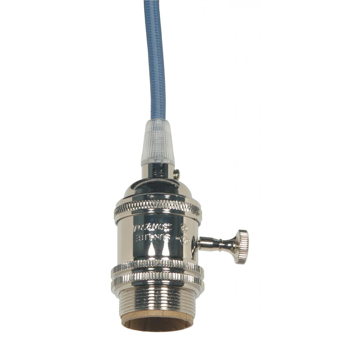 Satco 80-2429 Medium base lampholder 4pc. Solid brass prewired On/Off Uno ring 10ft. 18/2 SVT Light Blue Cord Polished nickel finish