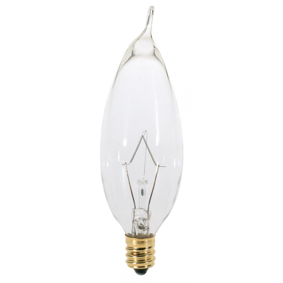 Satco A3674 25W TT CAND CLR 130V 25 Watt CA8 Incandescent; Clear; 2500 Average rated hours; 210 Lumens; Candelabra base; 130 Volt