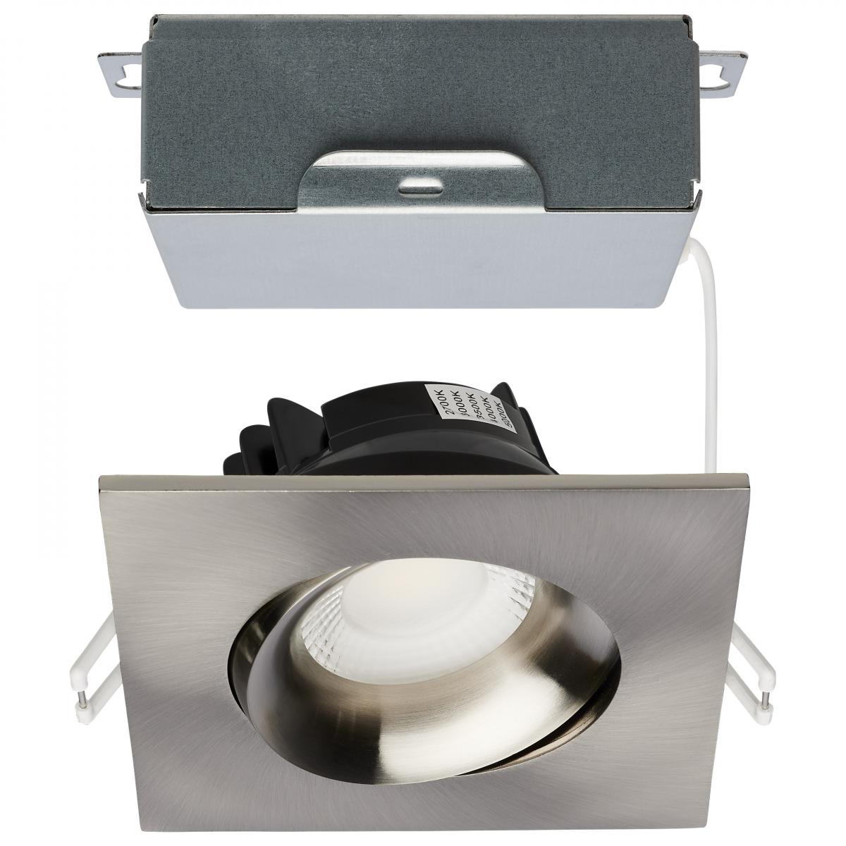 Satco S11629R1 12 Watt LED Direct Wire Downlight Gimbaled 3.5 Inch CCT Selectable Square Remote Driver Brushed Nickel Finish 840 Lumens 120 Volt