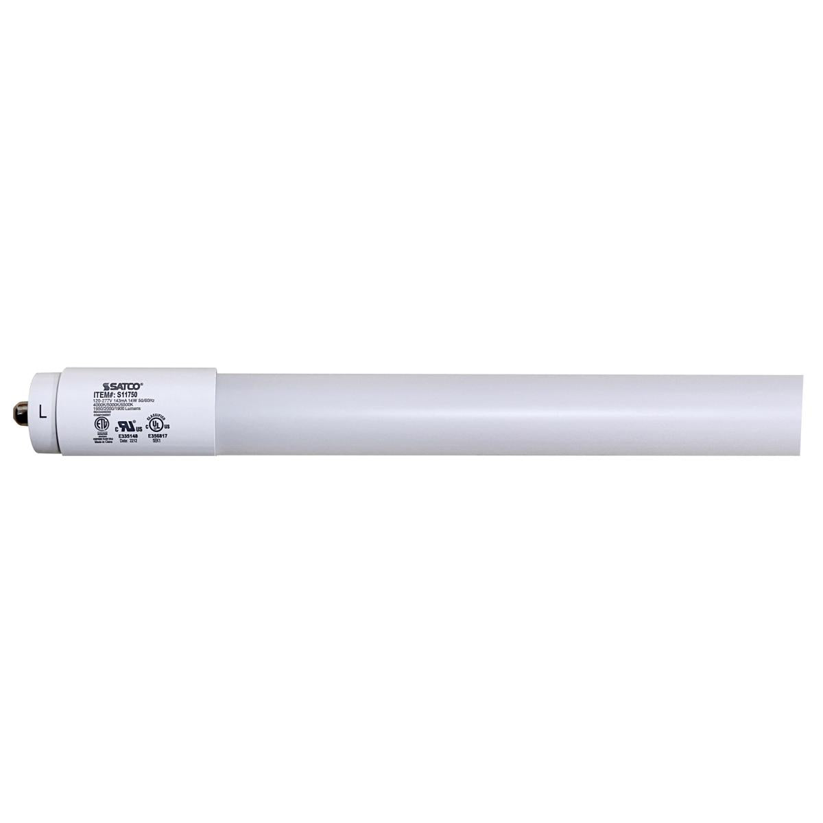Satco S11750 14 Watt T8 LED Single Pin Base CCT Selectable PET Shatterproof Coated White Finish Type B Ballast Bypass 48 Inches 120-277 Volt