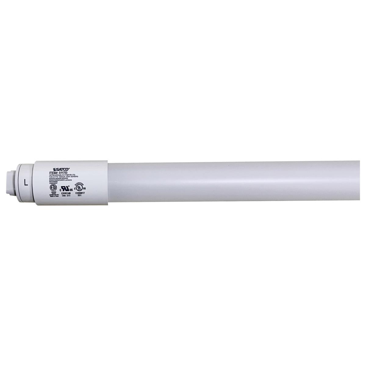 Satco S11753 18 Watt T8 LED Recessed Double Contact HO/VHO Base CCT Selectable Type B Ballast Bypass PET Shatterproof Coated White Finish 48 Inches 120-277 Volt