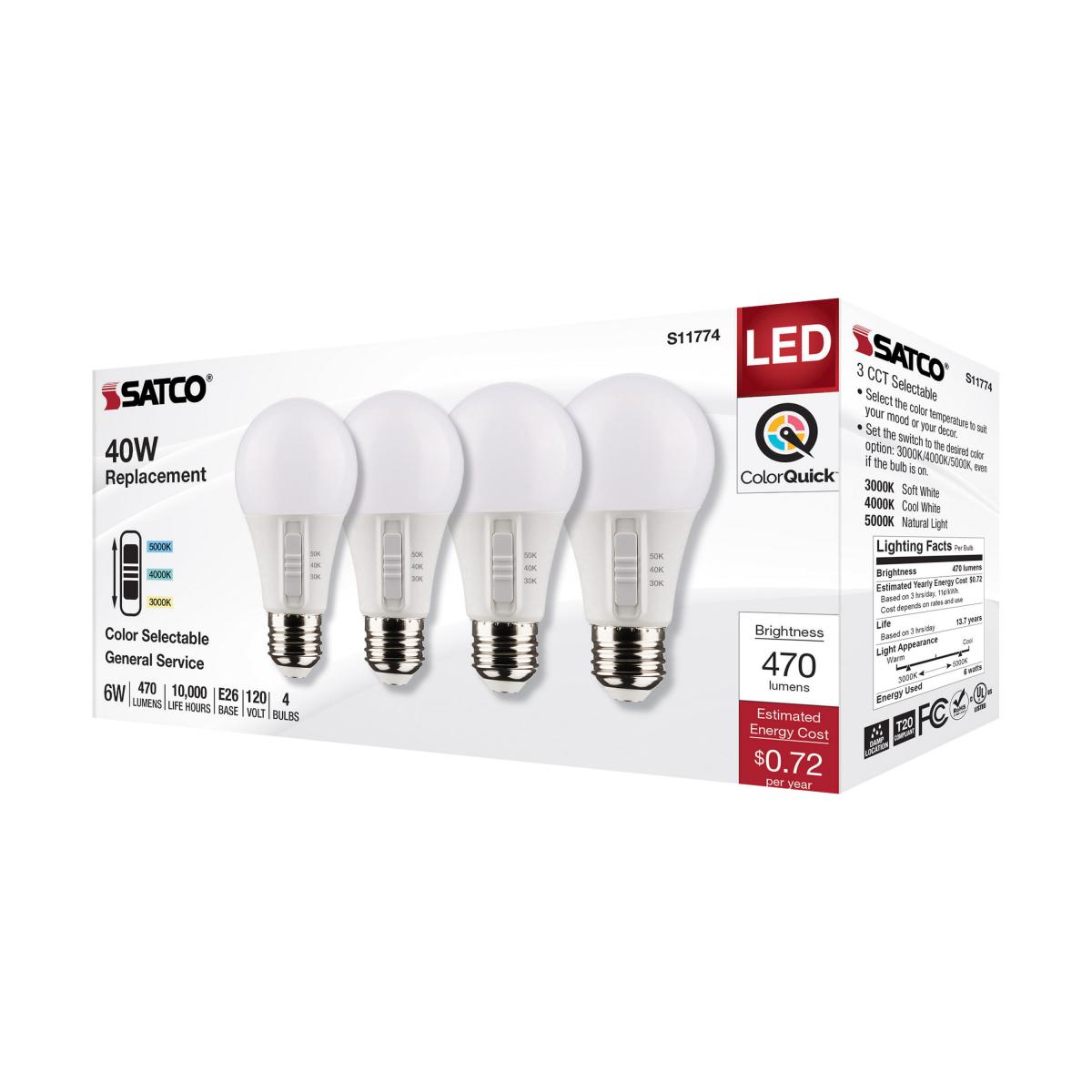 Satco S11774 6 Watt A19 LED Medium Base CCT Selectable White Finish 90 CRI 120 Volt 4 Pack