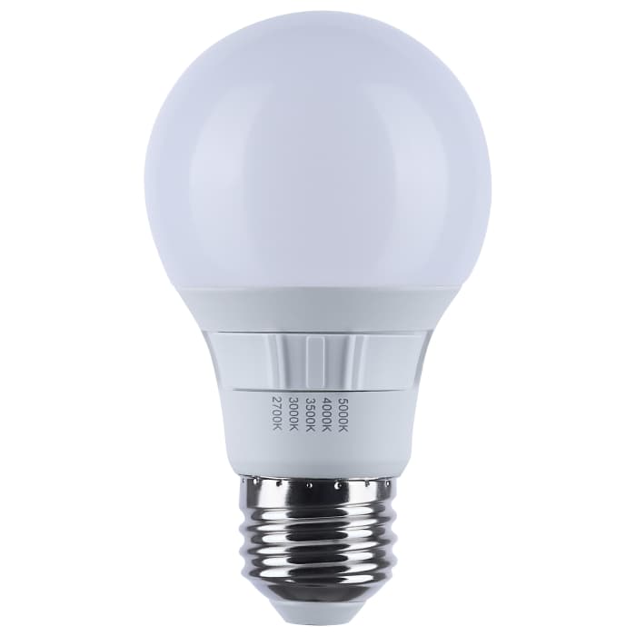 Satco S11774R1 6A19L/9CCT5/E26/PWHF/4PK 6 Watt A19 LED 27K/3K/35K/4K/5K CCT Selectable Medium Base White Finish 120 Volt 4-Pack