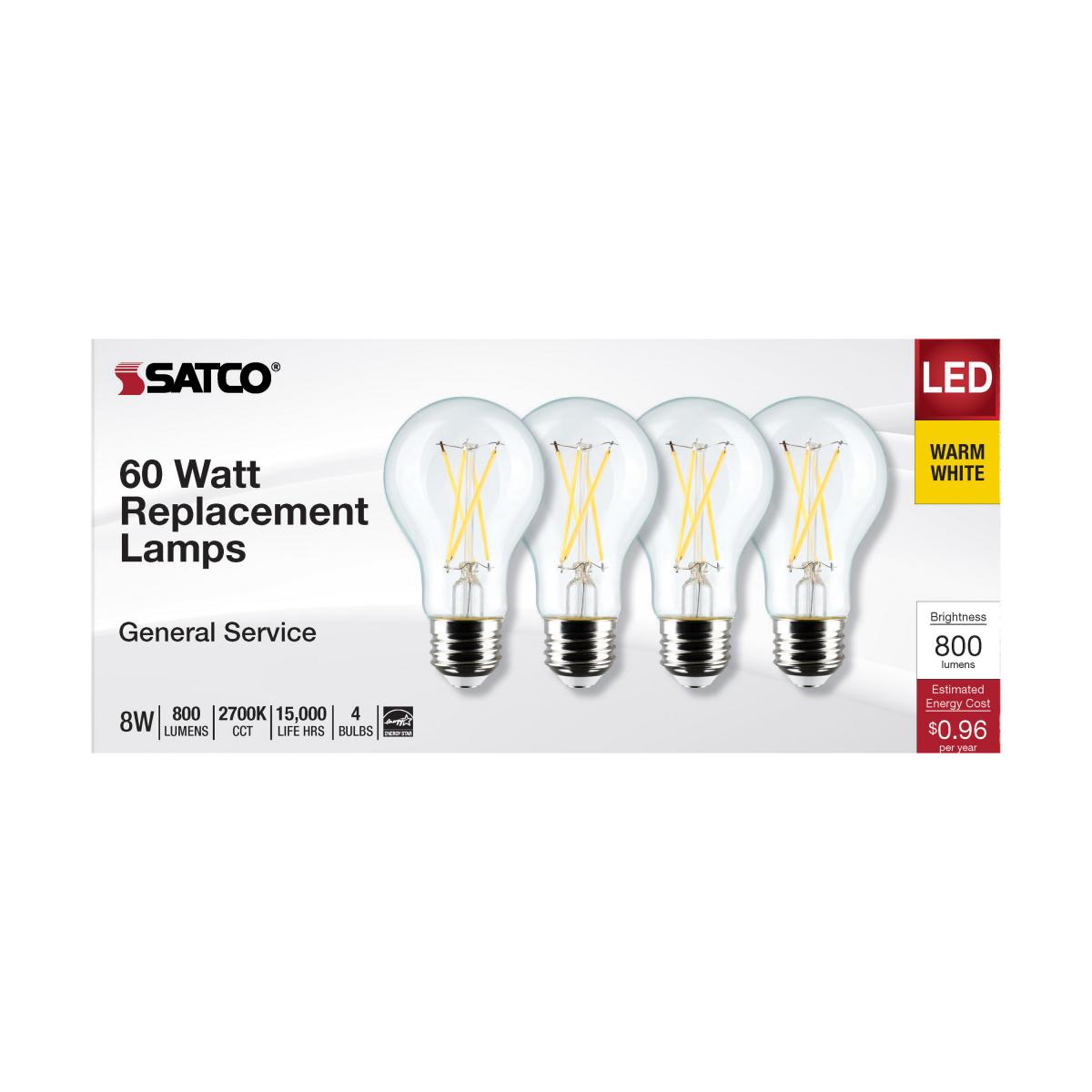 Satco S12465 8 Watt A19 LED Clear 5000K Medium Base 120 Volt 4-Pack