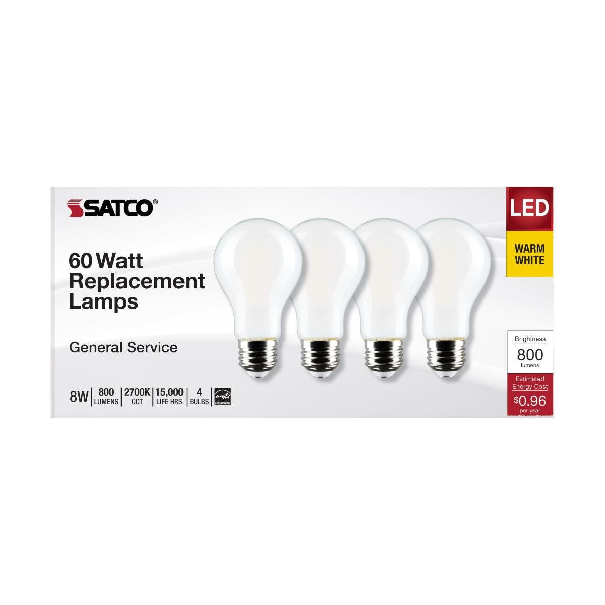 Satco S12466 8 Watt A19 LED Soft White 2700K Medium Base 120 Volt 4-Pack