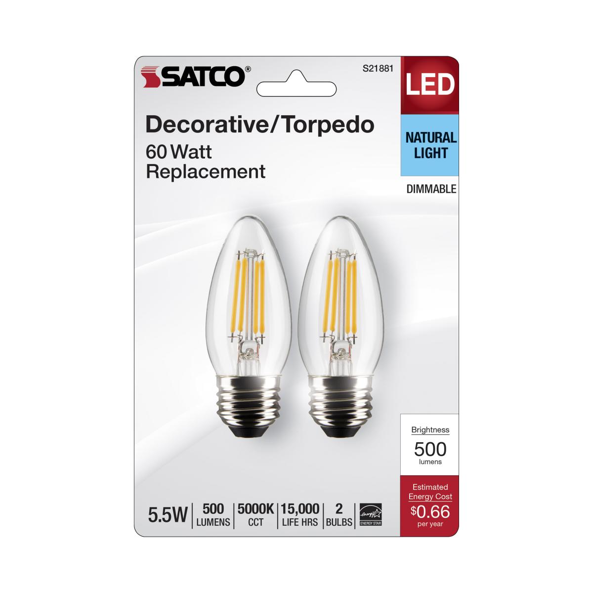 Satco S21881 5.5 Watt B11 LED Clear Medium Base 5000K 120 Volt 2-Pack