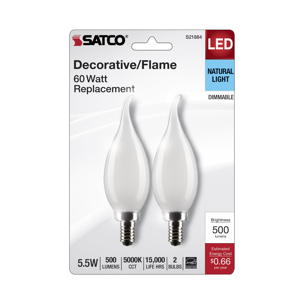 Satco S21884 5.5 Watt CA10 LED Frost Finish Candelabra Base 5000K 120 Volt 2-Card