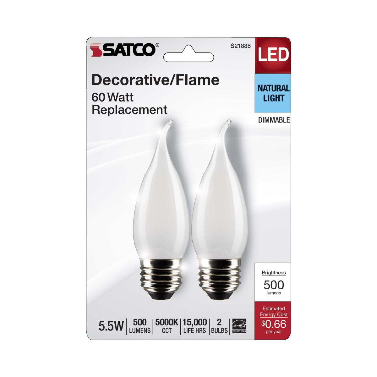 Satco S21888 5.5 Watt CA10 LED Frost Finish Medium Base 5000K 120 Volt 2-Card