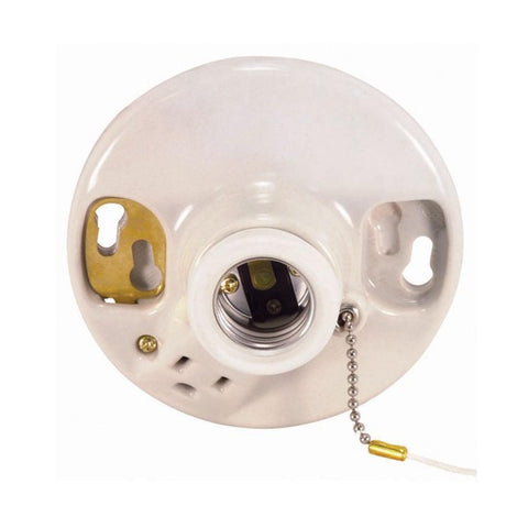 Satco 90-444 Glazed Porcelain Ceiling Receptacle On-Off Pull Chain w/Grounded Convenience Outlet
