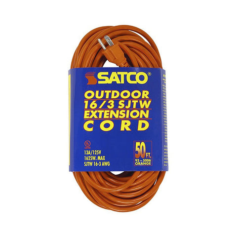 Satco 93-5006 50 Foot Orange Heavy Duty Outdoor Extension Cord 16/3 Ga. SJTW-3 Orange Cord With Sleeve 13A-125V 1625W