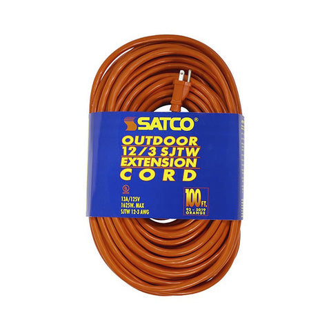 Satco 93-5019 100 Foot Orange Heavy Duty Outdoor Extension Cord 12/3 Ga. SJTW-3 Orange Cord With Sleeve 13A-125V 1625W