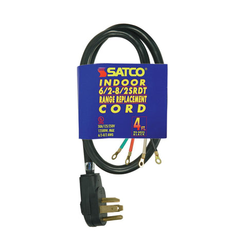 Satco 93-5033 4 Foot, 4 Wire Heavy Duty Replacement Range Cord 6-2 - 8-2 SRDT Black Round Indoor Use Only 50A/125V-250V 12500W