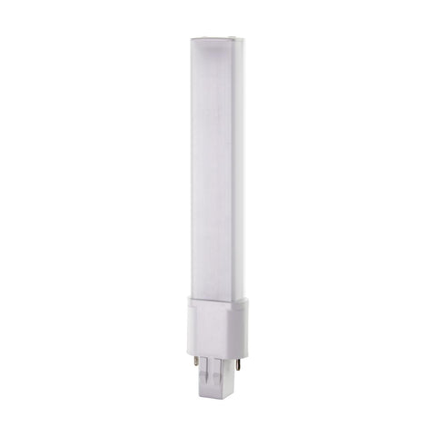 Satco S28725 6 Watt LED PL 2-PIN 2700K 600 Lumens GX23 base 50000 Average rated hours 360 deg. Beam Angle 120-277 Volt Type B Ballast Bypass