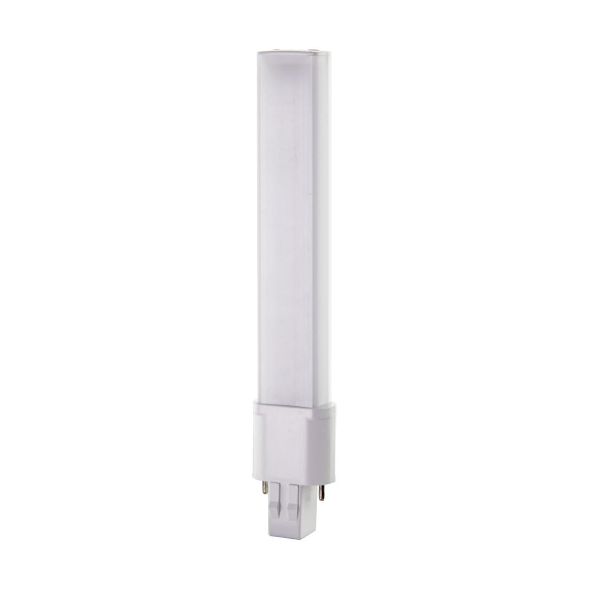 Satco S28728 6 Watt LED PL 2-PIN 4000K 600 Lumens GX23 base 50000 Average rated hours 360 deg. Beam Angle 120-277 Volt Type B Ballast Bypass