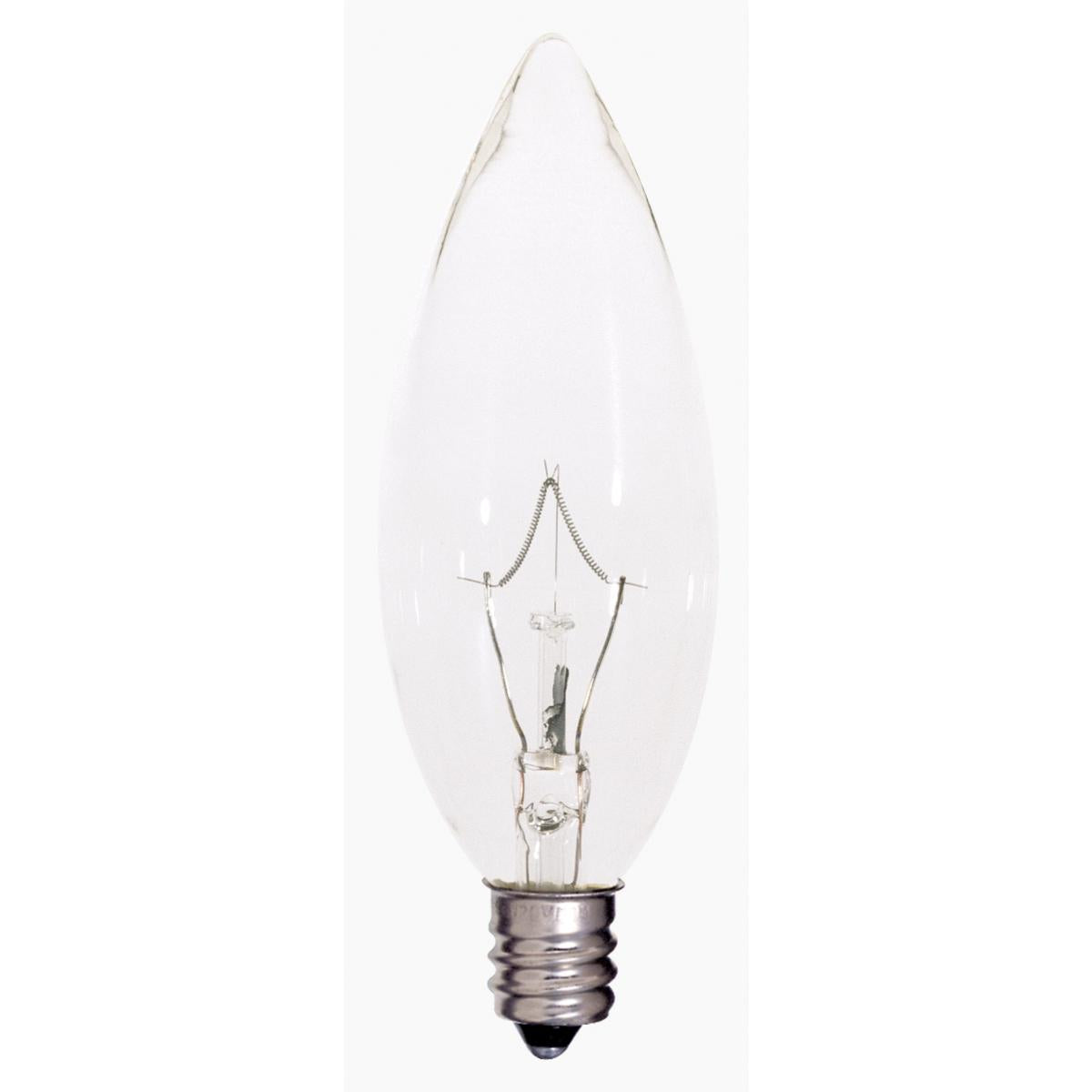 Satco S4995 25 Watt BA9 1/2 Incandescent Clear 2500 Average rated hours 212 Lumens Candelabra base 120 Volt