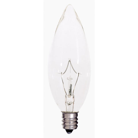 Satco S4995 25 Watt BA9 1/2 Incandescent Clear 2500 Average rated hours 212 Lumens Candelabra base 120 Volt