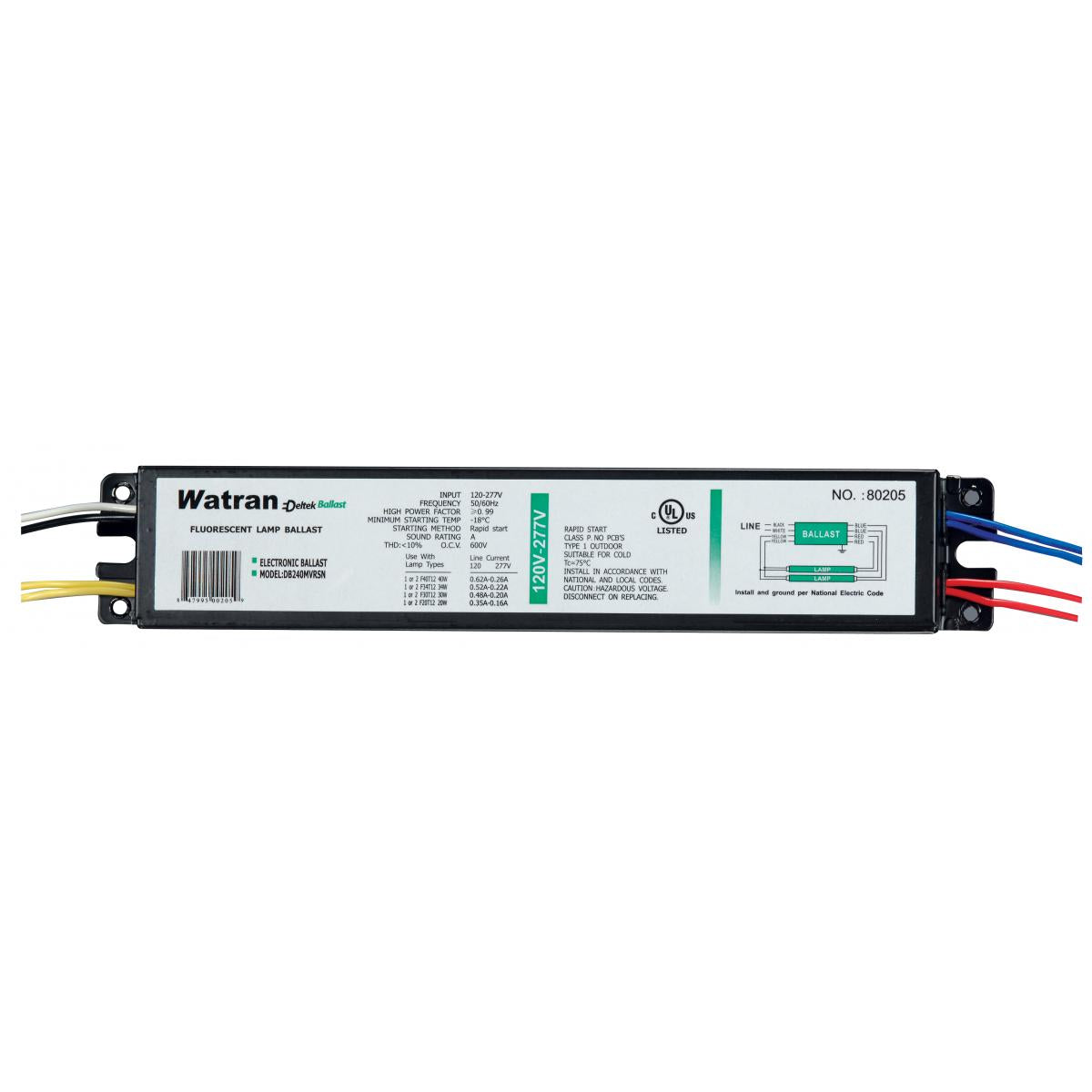 Satco S5260 DB240MVRSN # of lamps: 2 T12 Rapid Start, Professional < 10% THD, Universal Voltage Ballast 120/277V