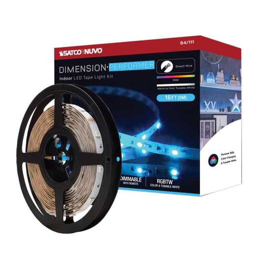Satco 64-111 Dimension Performer  Tape Light strip  16 ft.  RGB plus Tunable White  J-Box connection  IR Remote Included  White Finish