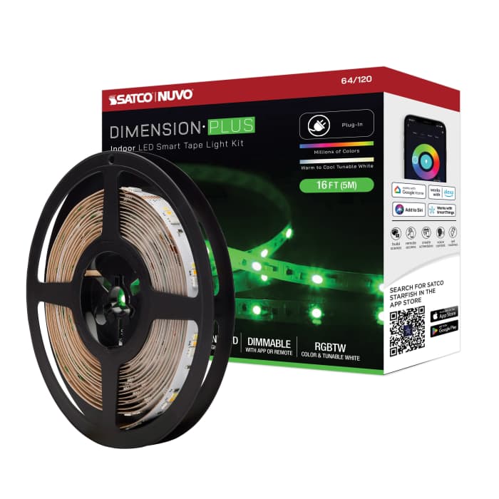 Satco 64-120 Dimension Plus  Tape Light strip  16 ft.  RGB plus Tunable White  Plug connection  Starfish IOT Capable  IR Remote Included  White Finish