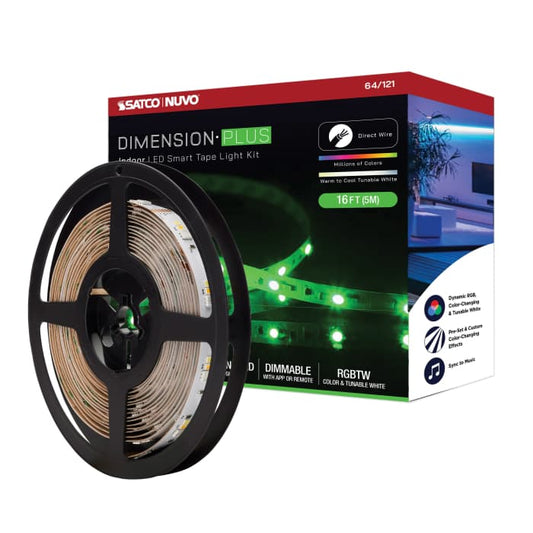 Satco 64-121 Dimension Plus  Tape Light strip  16 ft.  RGB plus Tunable White  J-Box connection  Starfish IOT Capable  IR Remote Included  White Finish
