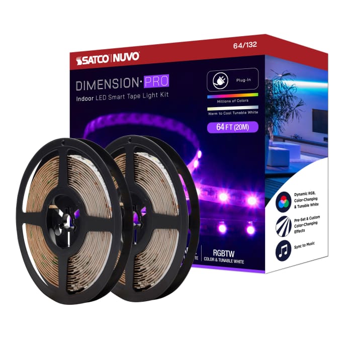 Satco 64-132 Dimension Pro  Tape Light strip  64 ft.  Hi-Output  RGB plus Tunable White  Plug connection  Starfish IOT Capable  IR Remote Included  White Finish