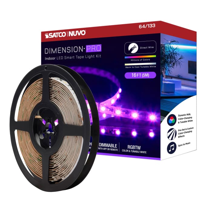 Satco 64-133 Dimension Pro  Tape Light strip  16 ft.  Hi-Output  RGB plus Tunable White  J-Box connection  Starfish IOT Capable  IR Remote Included  White Finish