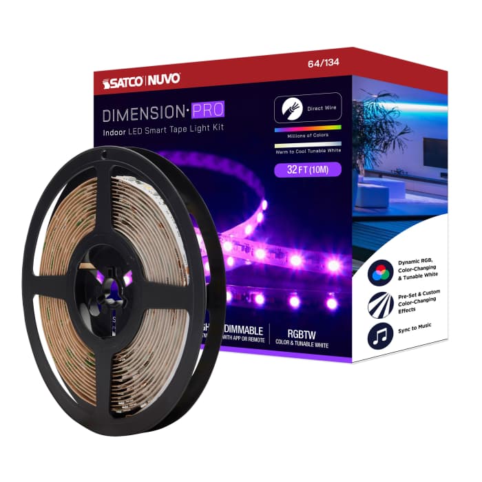 Satco 64-134 Dimension Pro  Tape Light strip  32 ft.  Hi-Output  RGB plus Tunable White  J-Box connection  Starfish IOT Capable  IR Remote Included  White Finish