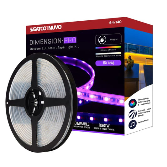 Satco 64-140 Dimension Pro  Tape Light strip  16 ft.  Hi-Output  RGB plus Tunable White  Plug connection  IP65  Starfish IOT Capable  RF Remote Included  White Finish