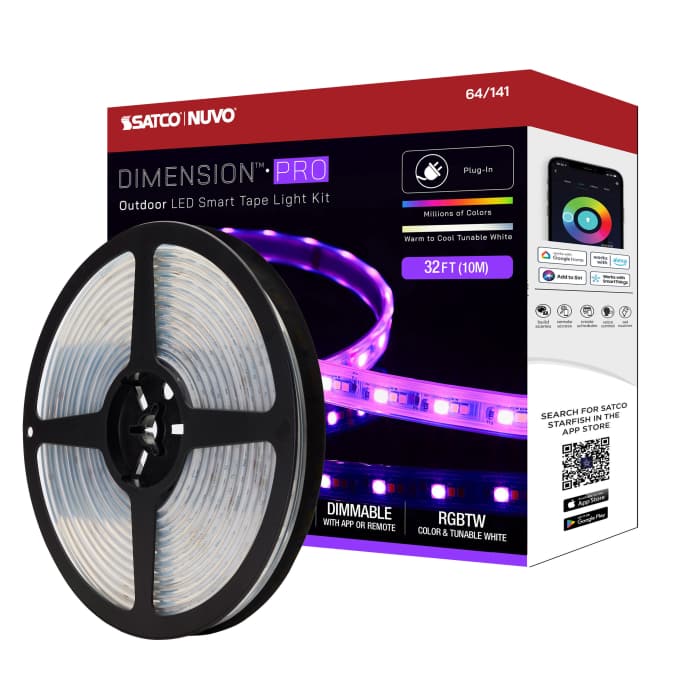 Satco 64-141 Dimension Pro  Tape Light strip  32 ft.  Hi-Output  RGB plus Tunable White  Plug connection  IP65  Starfish IOT Capable  RF Remote Included  White Finish