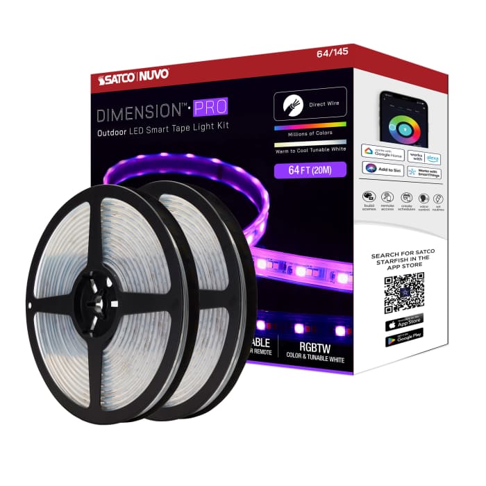 Satco 64-145 Dimension Pro Tape Light strip 64 ft. Hi-Output RGB plus Tunable White J-Box connection  IP65  Starfish IOT Capable  RF Remote Included  White Finish