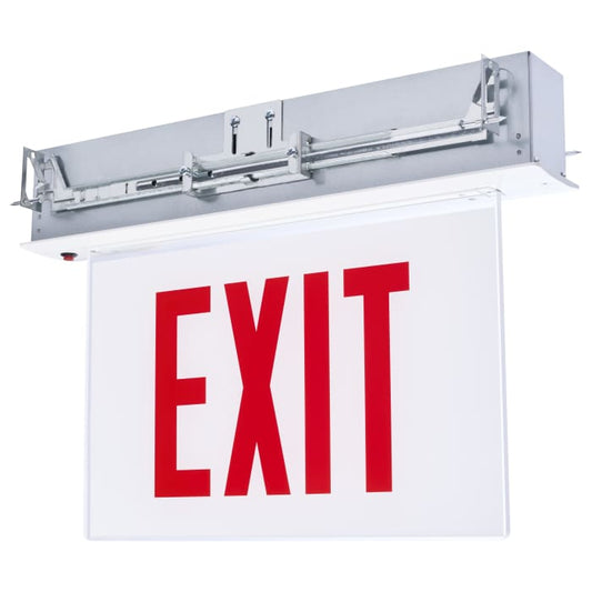 Satco 67-350 Edge Lit Exit Sign Chicago Approved White Housing 120-277V 90 min Backup Single Face Recessed Ceiling and Wall Mounting