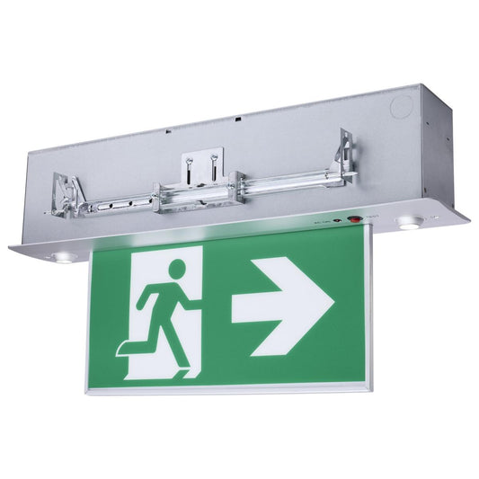 Satco 67-530 EX SIGN-CAN-EL-AL Running Man Green Edge Lit Exit Sign; 120-347V; 2HR backup; Single/Dual Face; Universal Surface or Recessed Mounting; Pivoting Panel