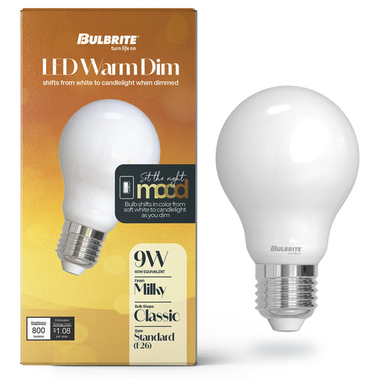 Bulbrite 776400 LED9A19/30K-18K/WMDM/FIL/M 9W LED A19 3000K - 1800K FILAMENT MILKY WARM DIM