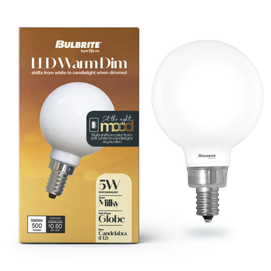 Bulbrite 776403 LED5G16/30K-18K/WMDM/FIL/M 5W LED G16 3000K - 1800K FILAMENT MILKY WARM DIM E12