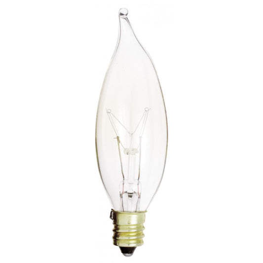 Satco A3673 15W TT CAND CLR 130V 15 Watt CA8 Incandescent; Clear; 2500 Average rated hours; 95 Lumens; Candelabra base; 130 Volt