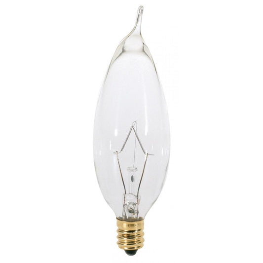 Satco A3674 25W TT CAND CLR 130V 25 Watt CA8 Incandescent; Clear; 2500 Average rated hours; 210 Lumens; Candelabra base; 130 Volt