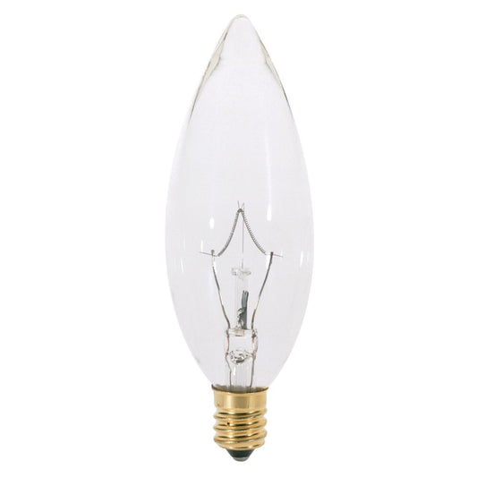 Satco A3682 25W TORPEDO CAND CLR 130V 25 Watt BA9 1/2 Incandescent; Clear; 2500 Average rated hours; 193 Lumens; Candelabra base; 130 Volt