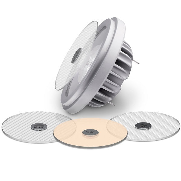 Soraa SNAP 4 inch 1/4 CTO color filter discs shown with LED lamp