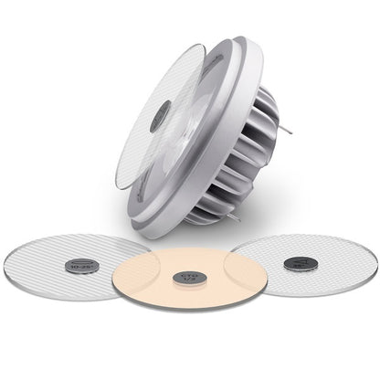 Soraa SNAP 4 inch 1/4 CTO color filter discs shown with LED lamp