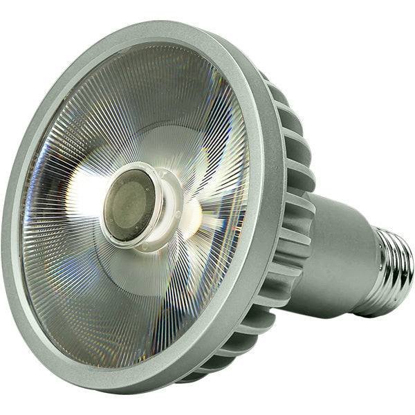 Angled front view of Soraa SP30L-14-60D-827-H1 BRILLIANT PAR30 Long Neck E26 120V LED lamp, 13.7W, 60 degree, 2700K