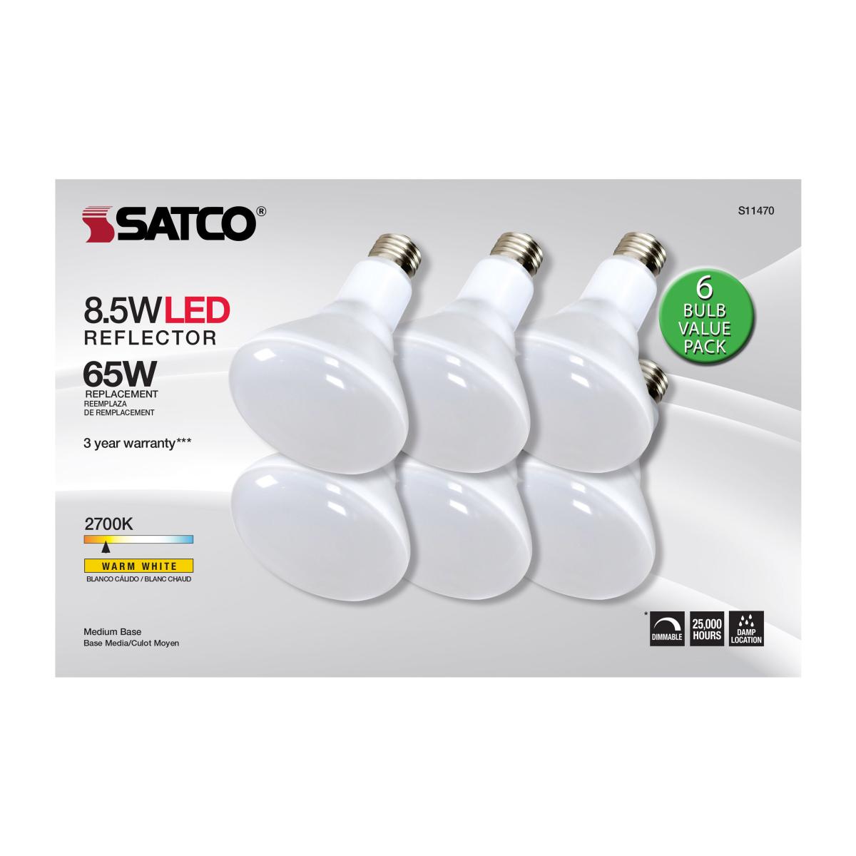 Satco S11470 8.5 Watt BR30 LED 2700K 80 CRI Medium Base 120 Volts Dimmable 6-pack