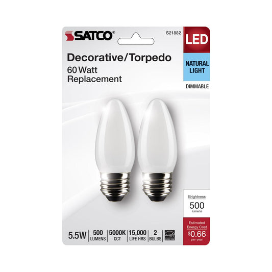 Satco S21882 5.5 Watt B11 LED Frost Finish Medium Base 5000K 120 Volt 2-Pack