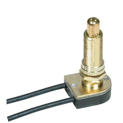 Satco 80-1367 On-Off Metal Push Switch 1-1/8" Metal Bushing Single Circuit 6A-125V, 3A-250V Rating 6" Leads Brass Finish