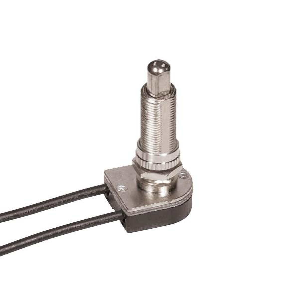 Satco 80-1368 On-Off Metal Push Switch 1-1/8" Metal Bushing Single Circuit 6A-125V, 3A-250V Rating 6" Leads Nickel Finish