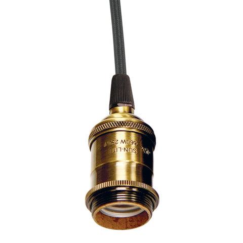 Satco 80-2282 Medium base lampholder 4pc. Solid brass prewired Uno ring 10ft. 18/2 SVT Black Cord Antique brass finish
