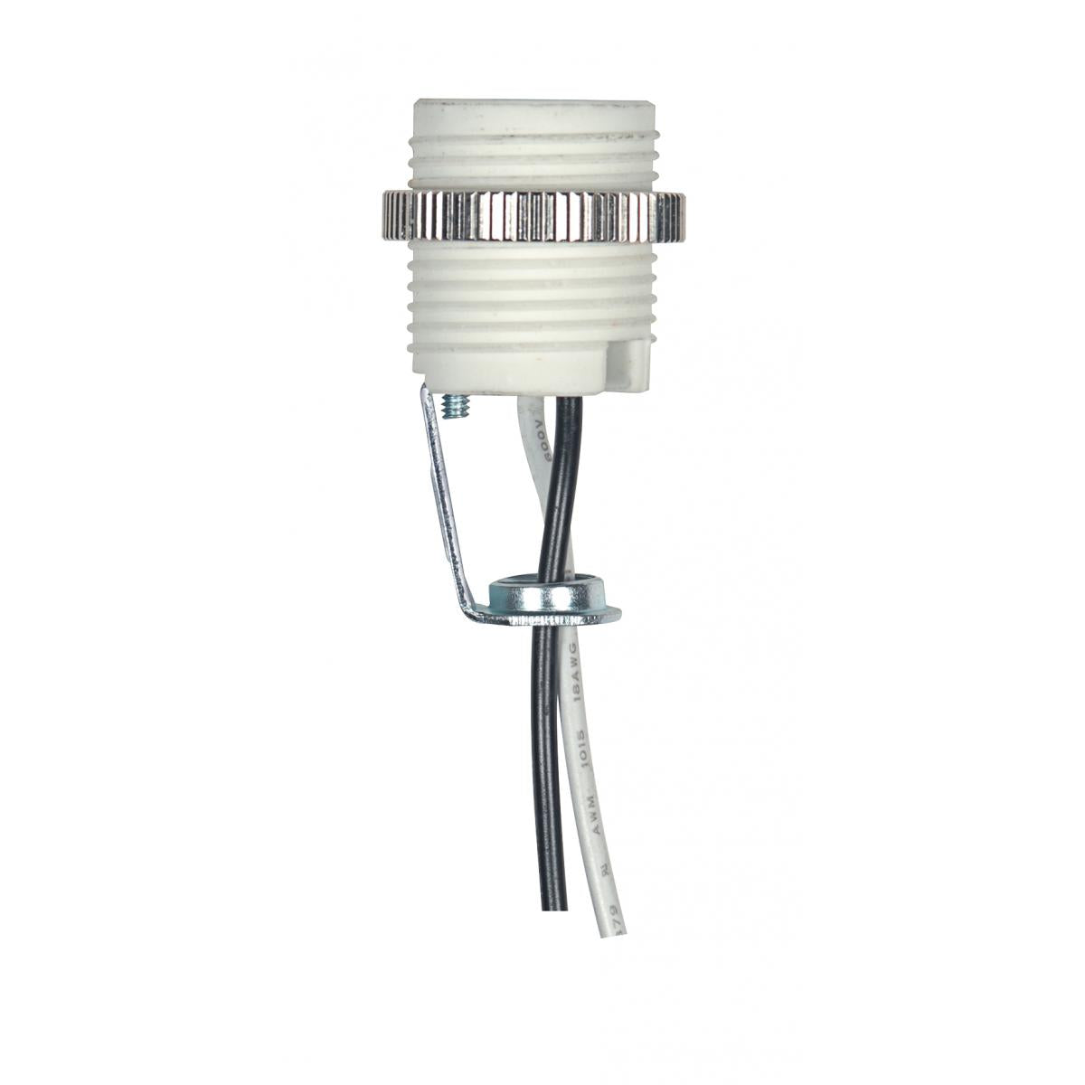 Satco 80-2543 Threaded Porcelain Candelabra Socket; 2" Height; 7/8" Diameter; 18" 18 UL 1015 B/W Leads 105C With Chrome Metal Ring; 75W; 125V